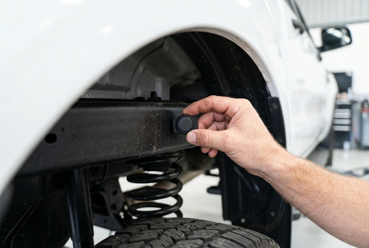 Tracksy magnetic tracker being attached inside the wheel arch of a work ute